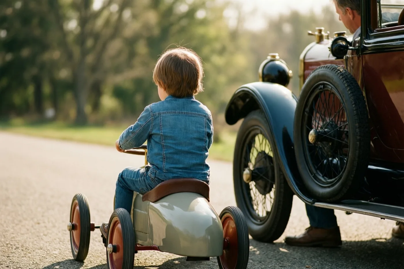 Een jong kind in spijkerkleding rijdt met een retrotrapauto op een verharde weg, terwijl een man bij een echte oldtimer staat, beiden van achteren gezien in goudkleurig zonlicht met bomen op de achtergrond.