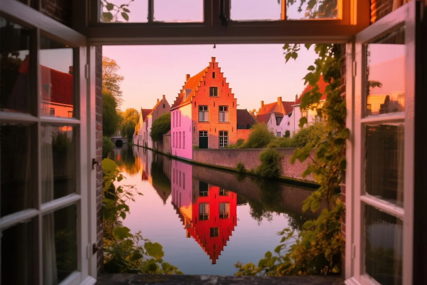 Door een open raam is een huis met een trapgevel te zien dat bij zonsondergang weerspiegelt in een rustige gracht in een oud Vlaams stadje, met groen langs de randen.