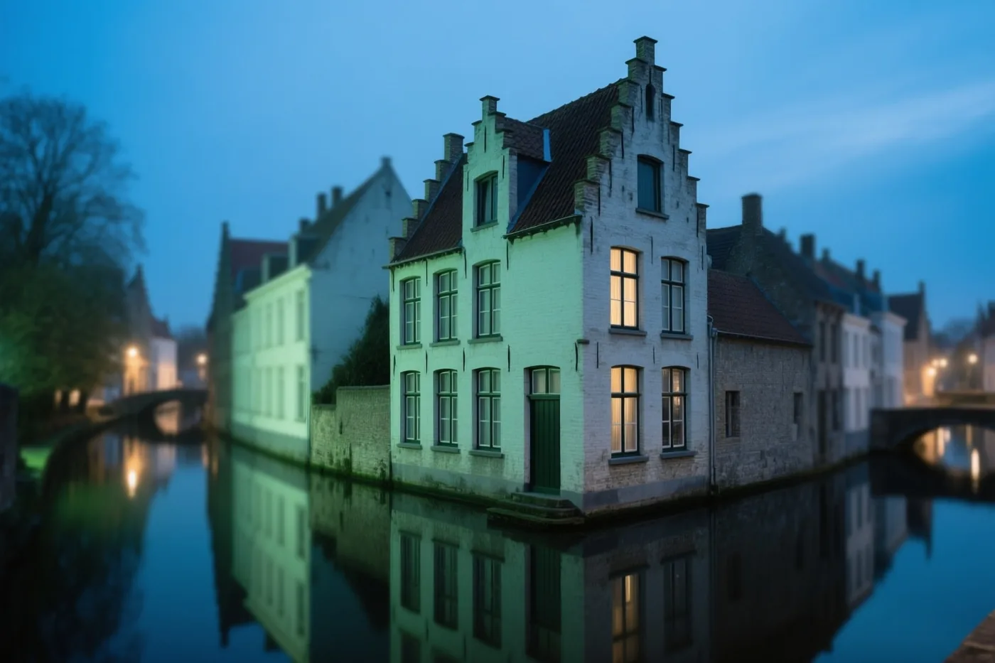 Een huis met een trapgevel weerspiegelt bij schemering in een rustige gracht in een oud Vlaams stadje, in koele blauwe en groene tinten.