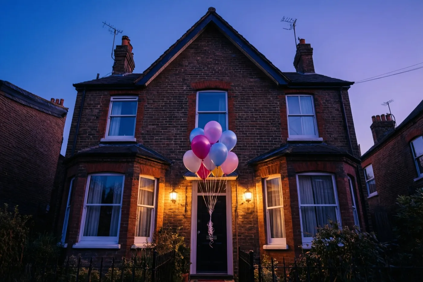 Een bakstenen rijhuis met trapgevel staat in de schemering, met roze, paarse en witte ballonnen aan de voordeur en warme lampen aan weerszijden ervan.