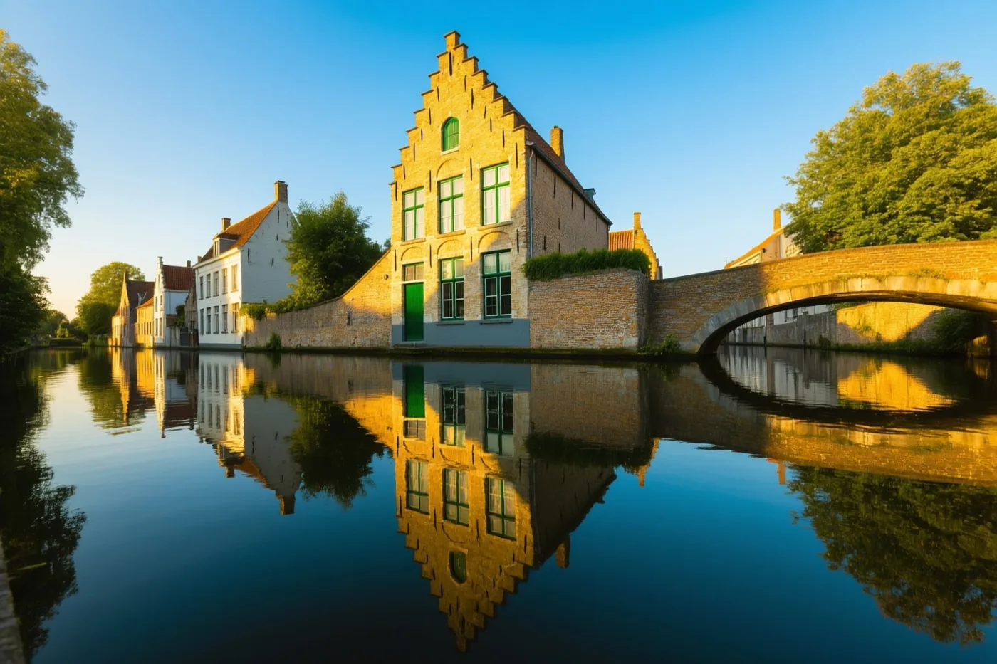 Een huis met een trapgevel, groene raamkozijnen en een groene deur weerspiegelt in een stille gracht onder een blauwe hemel en warm goudkleurig licht.