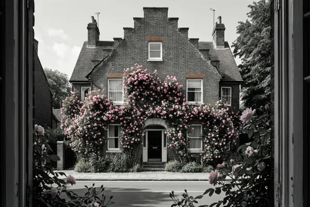 Vanuit een deuropening is een bakstenen trapgevel met uitbundige roze klimrozen te zien aan een rustige straat onder een heldere hemel.