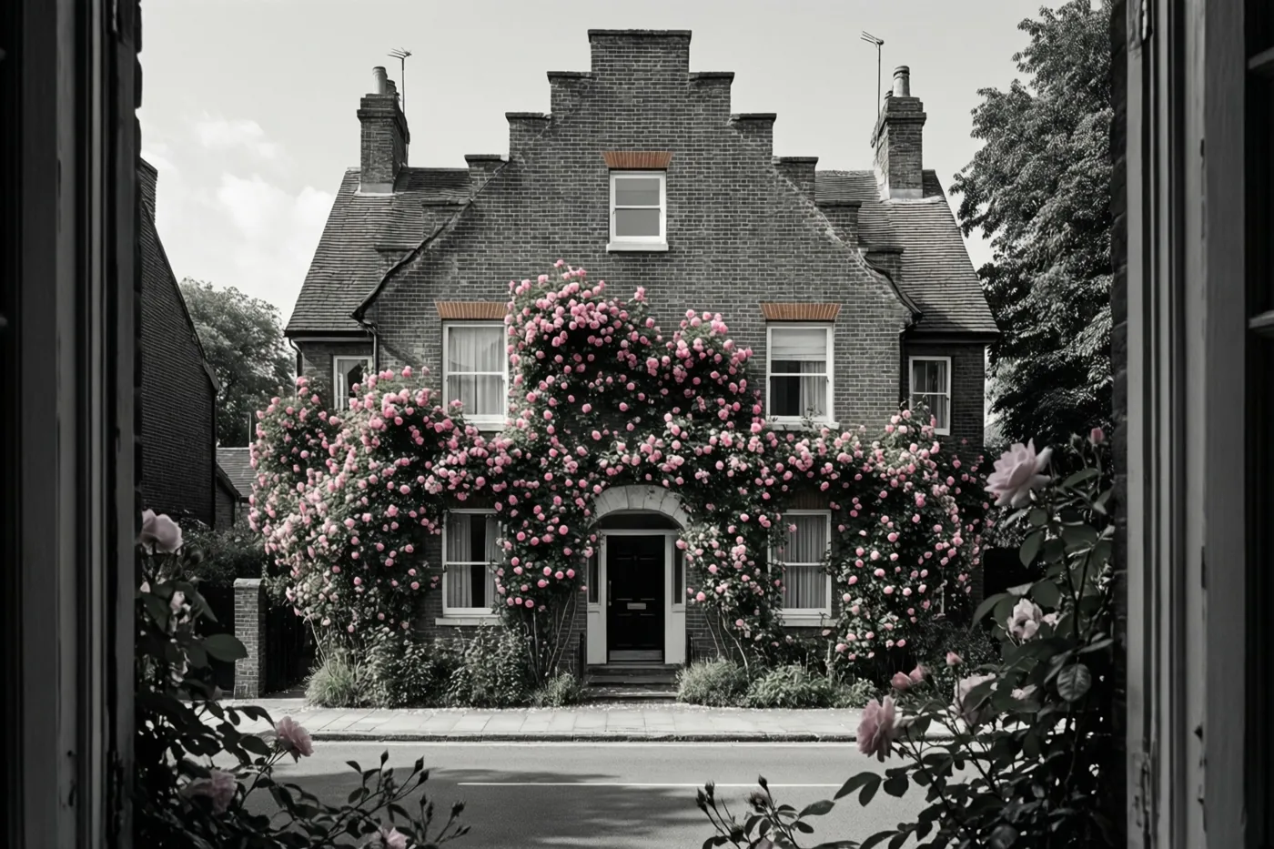 Vanuit een deuropening is een bakstenen trapgevel met uitbundige roze klimrozen te zien aan een rustige straat onder een heldere hemel.