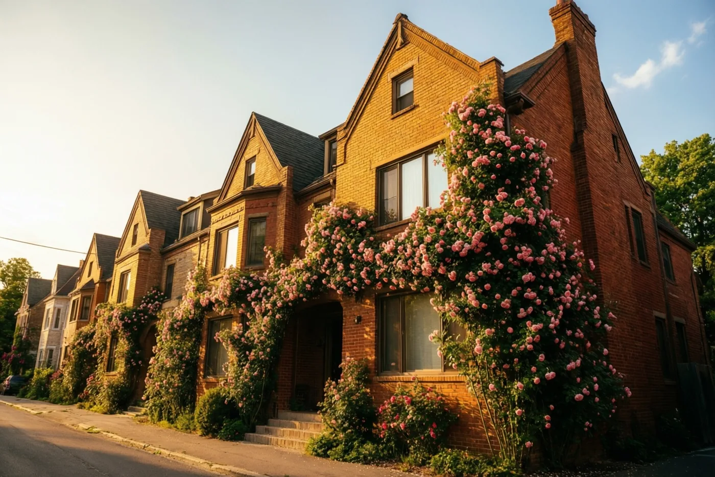 Een rij bakstenen huizen met trapgevels en roze klimrozen staat aan een rustige straat in warm zonlicht onder een helderblauwe hemel.