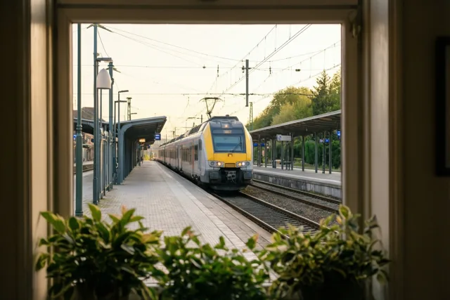 Een geel-zilveren trein rijdt bij een stationsperron in warm zonlicht, gezien door een raam met groene planten op de voorgrond.