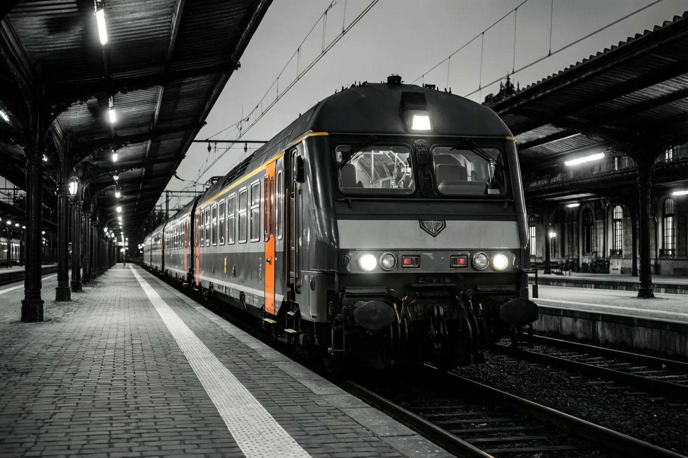 Een trein met brandende koplampen staat aan een perron onder een gebogen dak in een zwart-witbeeld met een oranje treindeur en een witte veiligheidslijn.