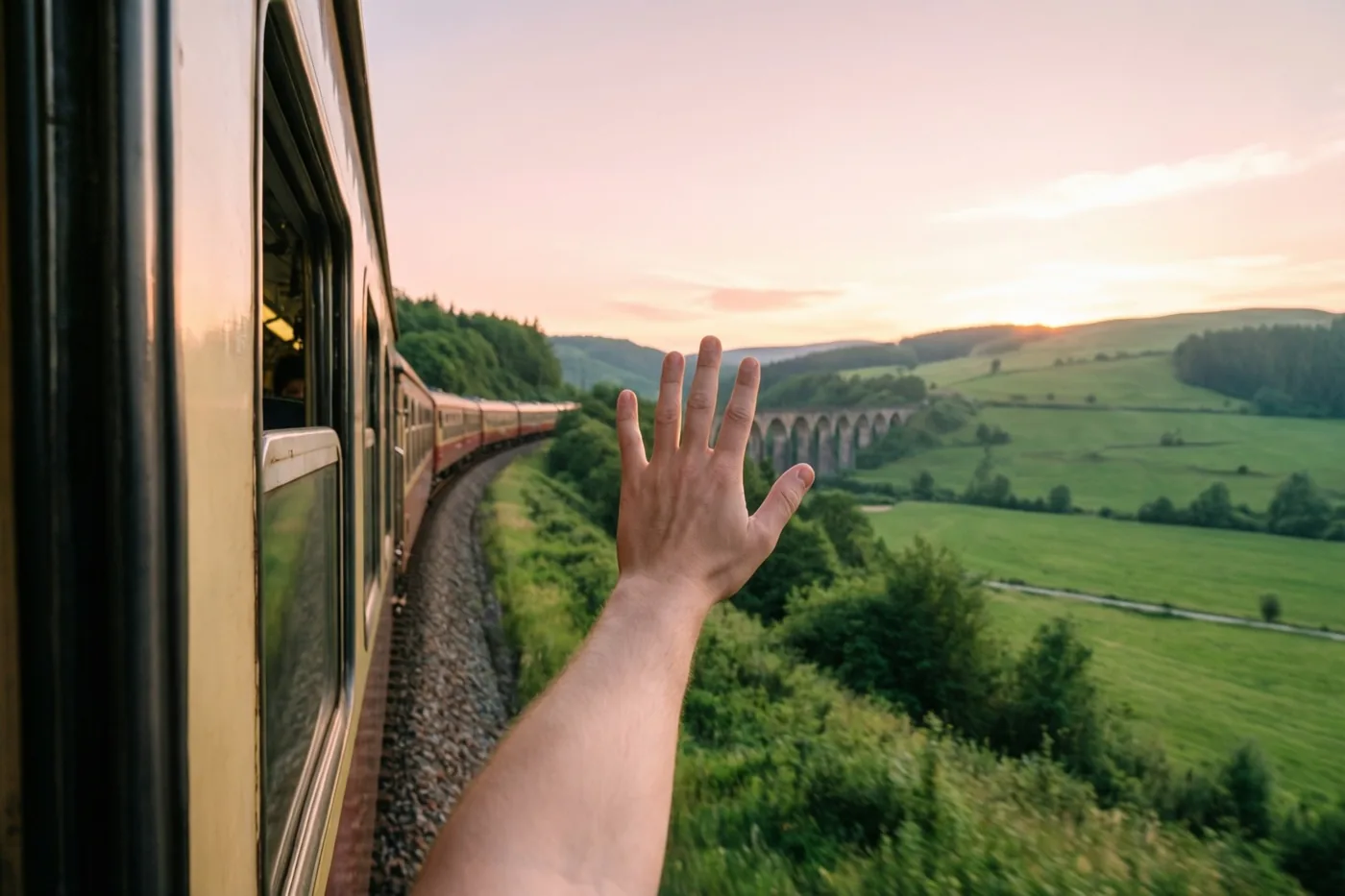 Een hand zwaait uit het open raam van een rijdende trein op een viaduct boven een groene vallei onder een roze en oranje avondhemel.