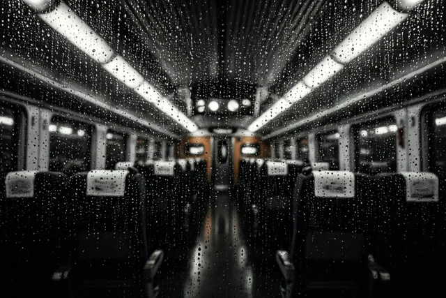 Door een raam met regensporen is een treininterieur te zien met onscherpe plafondlichten en rijen stoelen in een monochroom beeld.