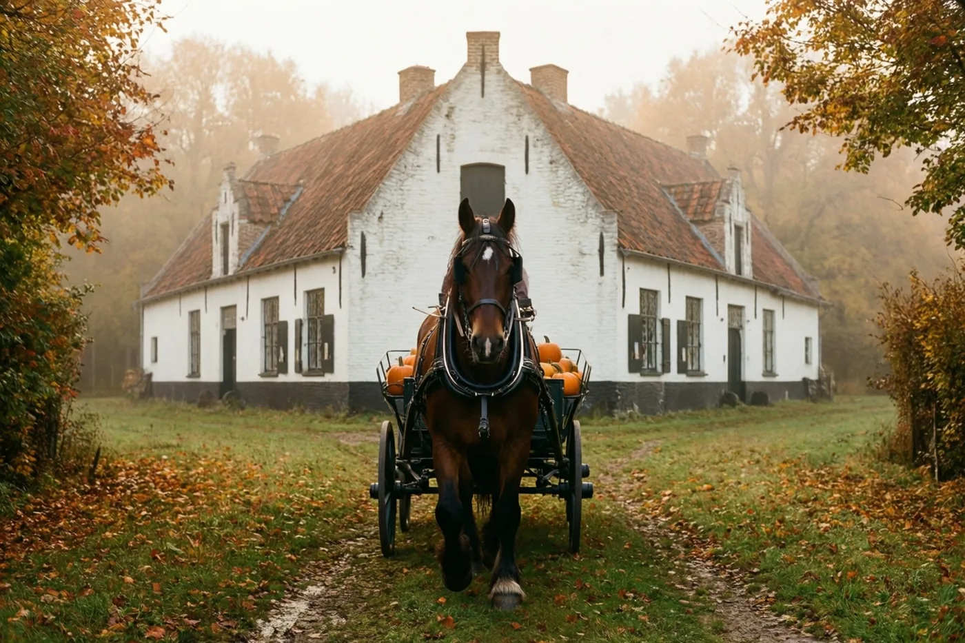Een bruin trekpaard trekt een kar vol pompoenen over een pad met gevallen bladeren naar een witgekalkte Vlaamse hoeve, tussen gouden en oranje bomen in zachte herfstmist.