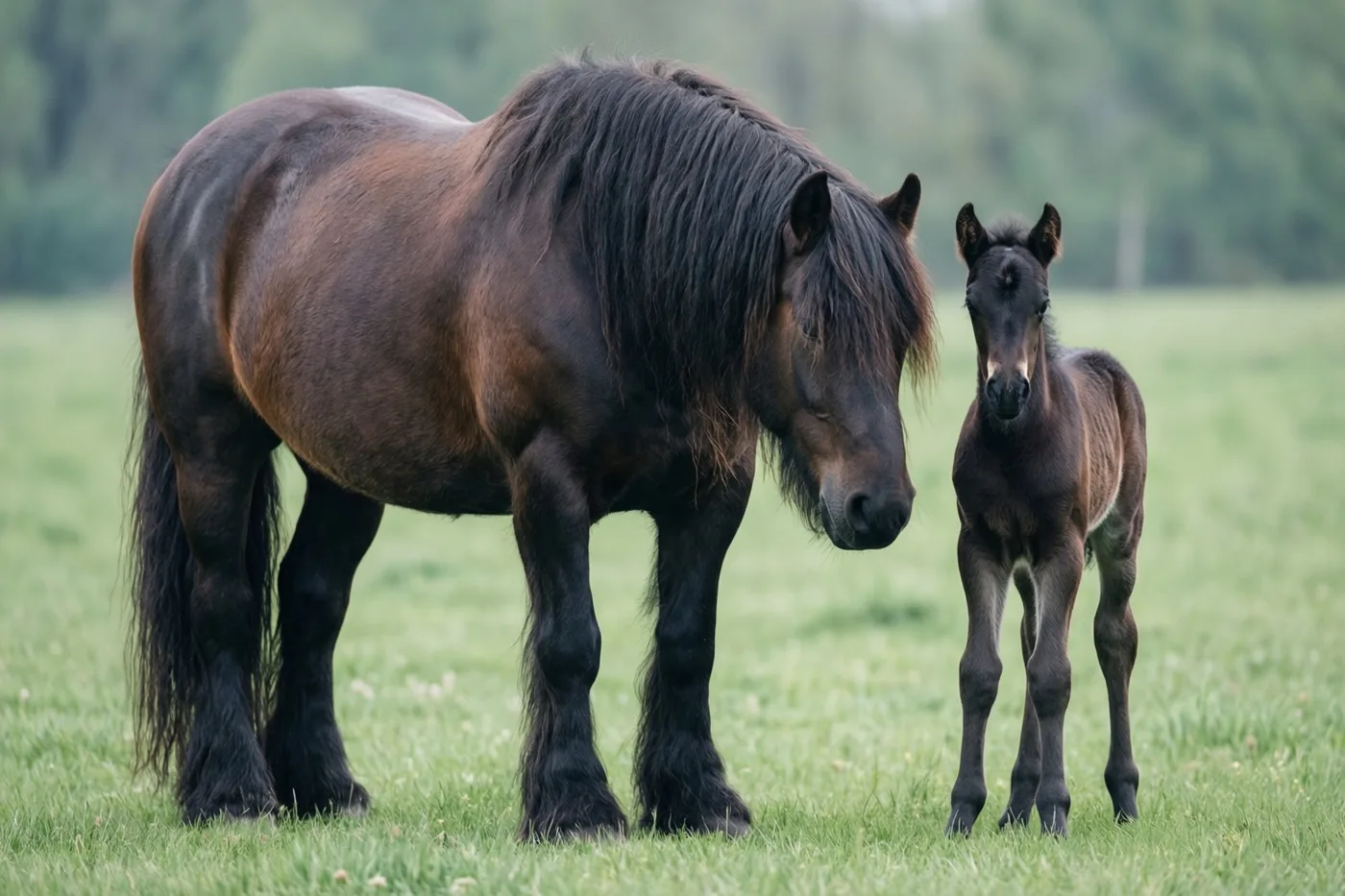 Een groot donkerbruin trekpaard staat met een klein veulen in een groene weide, met onscherpe bomen op de achtergrond.