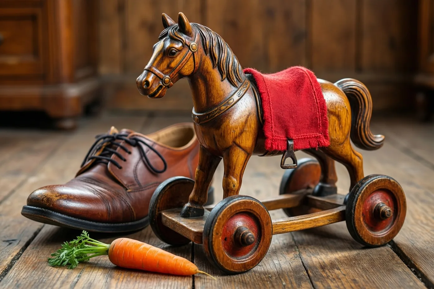 Een oud houten trekpaardje op wielen met een rood zadeldekje staat op oude vloerplanken naast een bruine leren schoen en een wortel, in warm licht.
