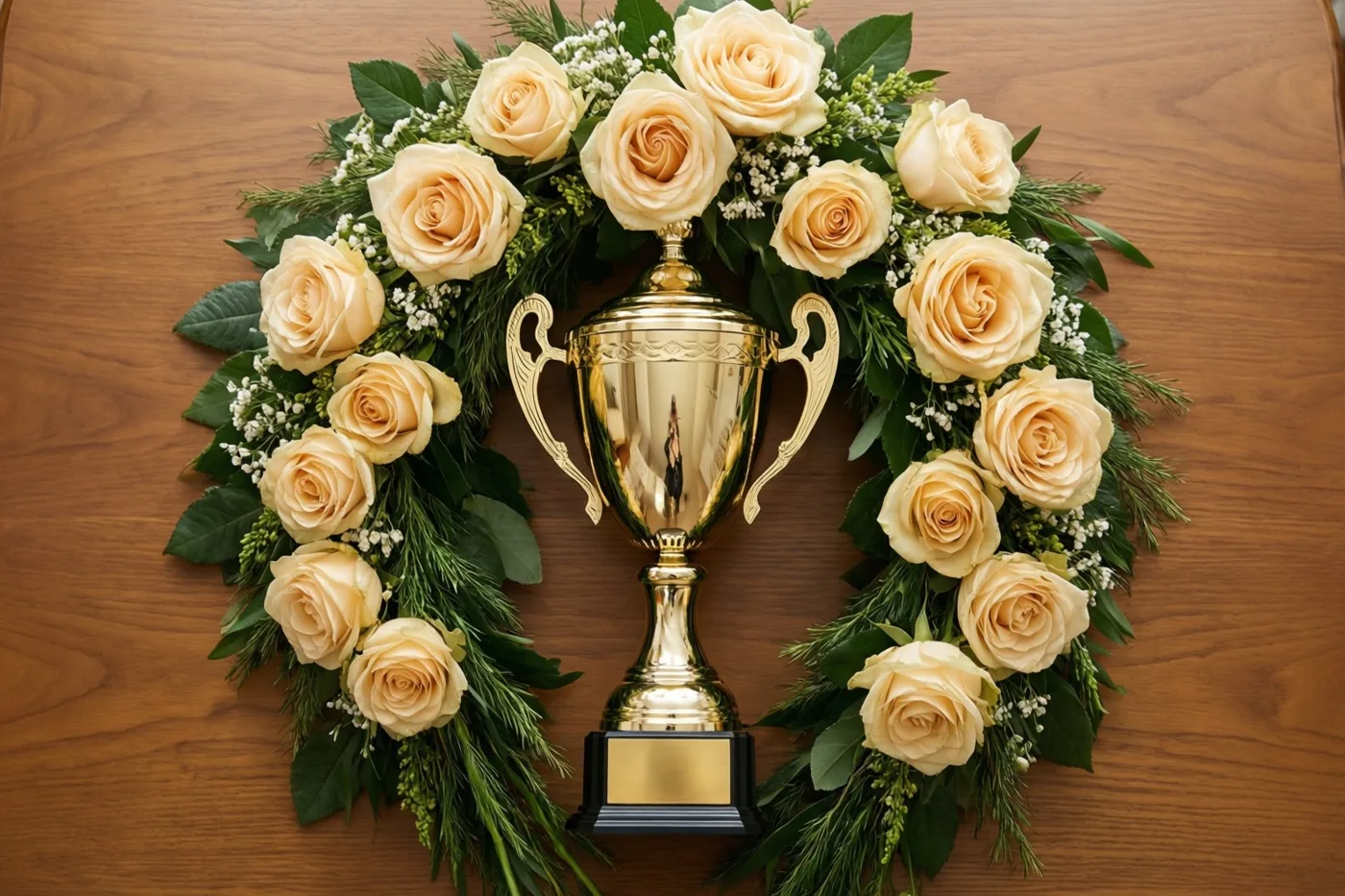 Een gouden trofee staat midden op een houten tafel, omringd door een ronde krans van crèmekleurige rozen en groen.