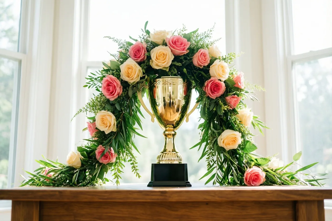 Een gouden trofee met een slinger van roze en crèmekleurige rozen en groene bladeren staat op een houten tafel voor een helder raam.
