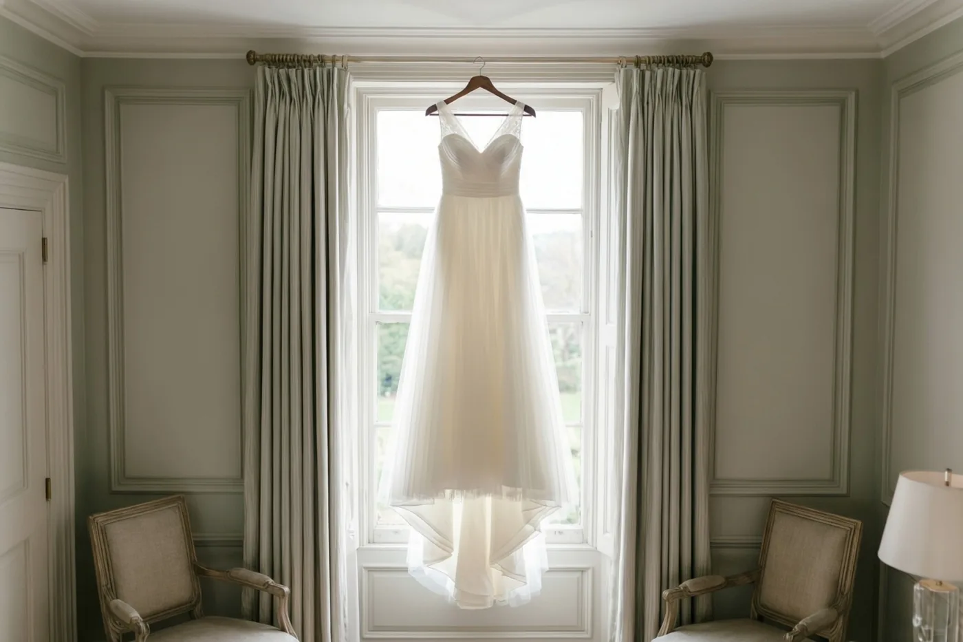 Een witte trouwjurk hangt aan een houten kleerhanger voor een hoog raam in een kamer met lichtgroene muren en gordijnen in zacht daglicht.