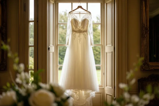 Een witte trouwjurk met kant hangt aan een houten kleerhanger voor een hoog raam in een rijk versierde kamer met bloemstukken op de voorgrond.