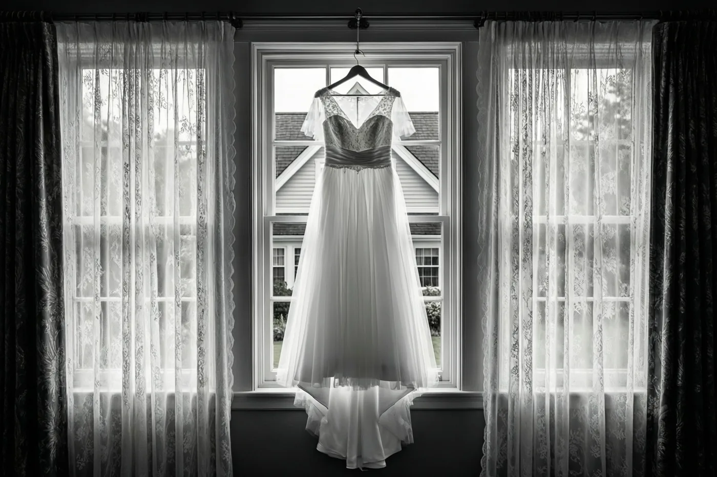 Op een zwart-witfoto hangt een witte trouwjurk aan een hanger midden voor een raam met kanten gordijnen, in zacht daglicht met uitzicht op een huis met trapgevel.