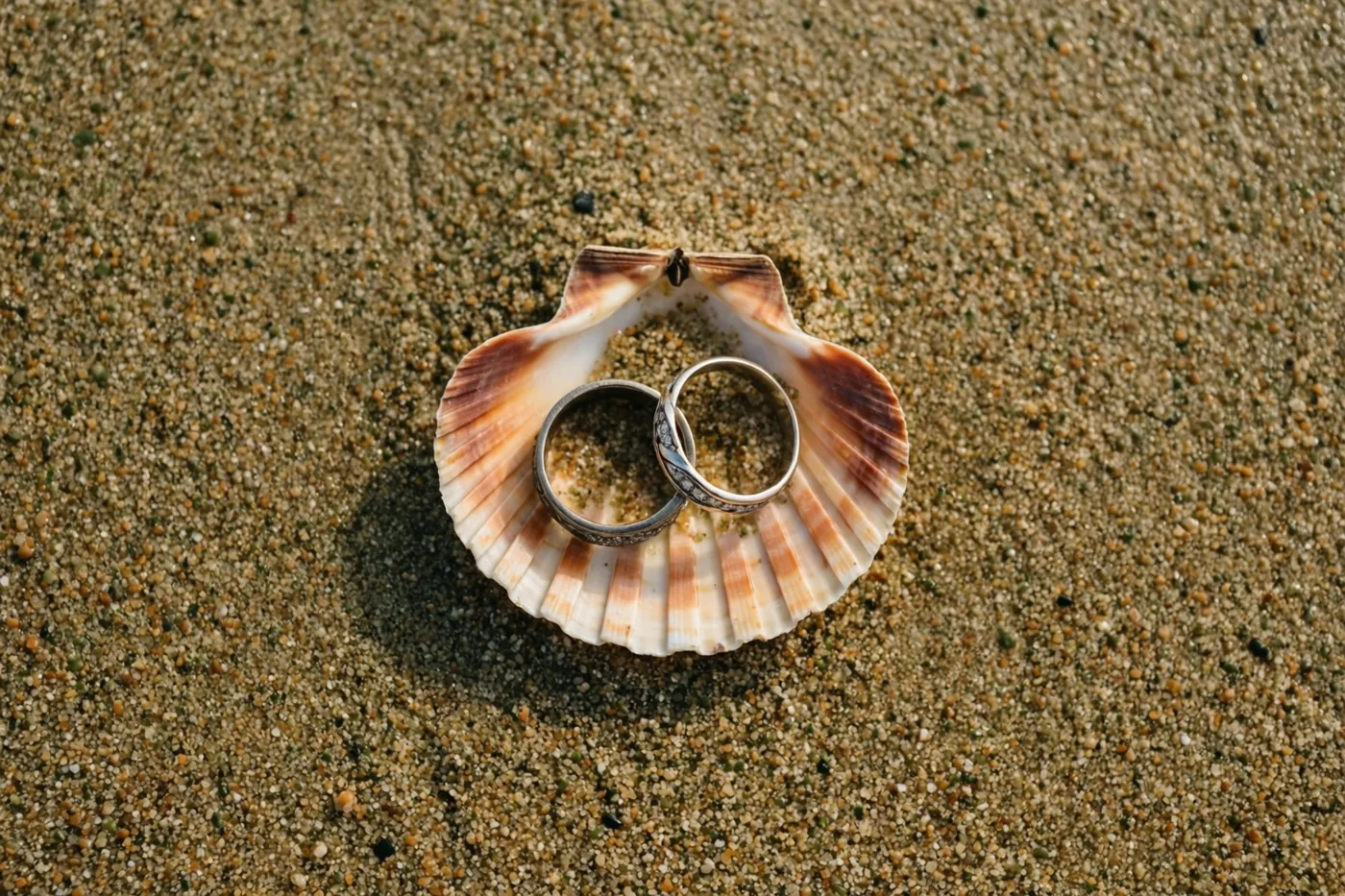 Twee trouwringen liggen in een open schelp op een zandstrand, in warme beige, bruine en witte tinten.