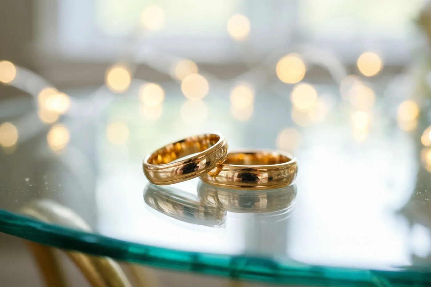 Twee gouden trouwringen liggen op een glazen tafel met onscherpe lichtjes op de achtergrond in gouden, witte en blauwgroene tinten.