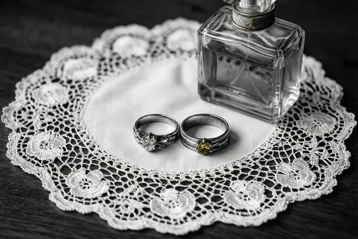 Op een donkere houten ondergrond liggen twee oude trouwringen op een wit kanten kleedje naast een doorzichtig glazen parfumflesje, in een monochroom beeld.