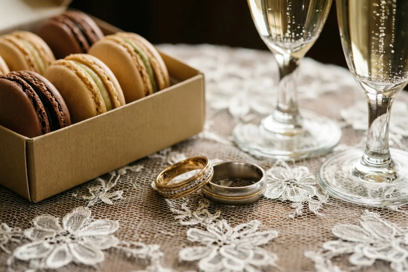 Twee trouwringen liggen op een wit kanten tafelkleed naast een doos kleurrijke macarons en twee champagneglazen in warm licht.