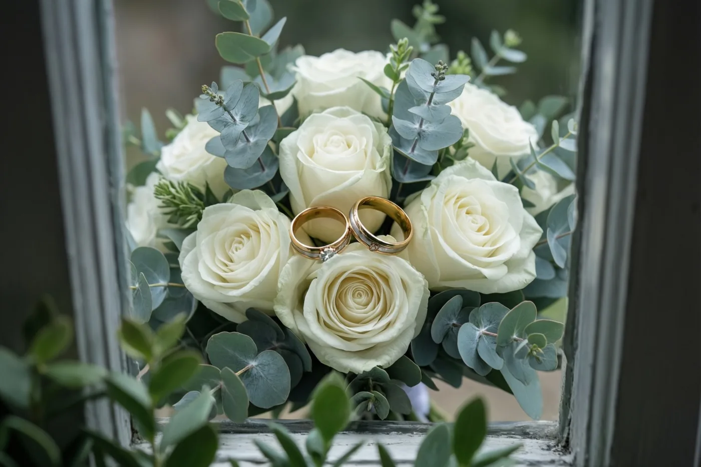 Door een raam zijn twee gouden trouwringen te zien op een boeket witte rozen en eucalyptusbladeren in zacht licht.