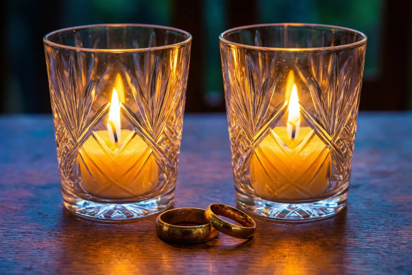 Twee brandende kaarsen in geslepen glazen staan op een houten tafel met twee doffe gouden trouwringen ertussen, tegen een donkerblauwe achtergrond.