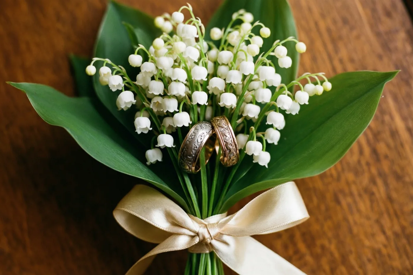 Een boeketje witte meiklokjes met twee sierlijke trouwringen tussen de bloemen en een crèmekleurig zijden lint ligt op een houten oppervlak.