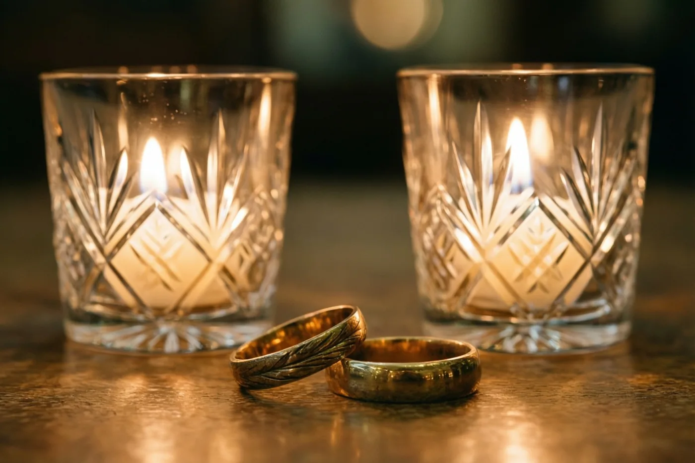 Twee kristallen glazen met brandende kaarsen staan achter twee oude gouden trouwringen op een houten ondergrond in goud- en amberkleurig licht.