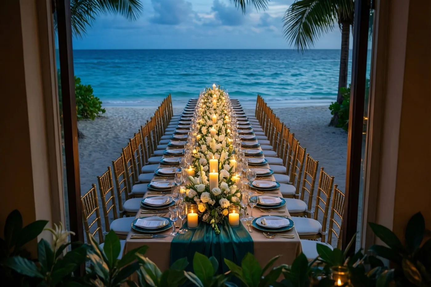 Een lange trouwtafel met kaarsen en witte bloemen staat bij schemering op het strand tegenover de zee, omlijst door palmbladeren en kamerplanten.