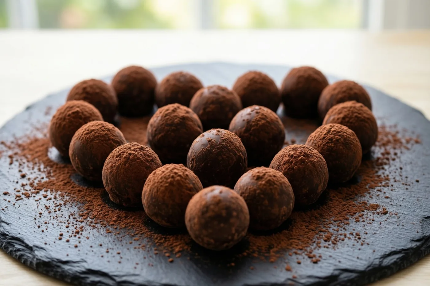 Donkere chocoladetruffels met cacaopoeder liggen in een hartvorm op een zwart leistenen bord, met natuurlijk licht en een zacht onscherpe achtergrond.