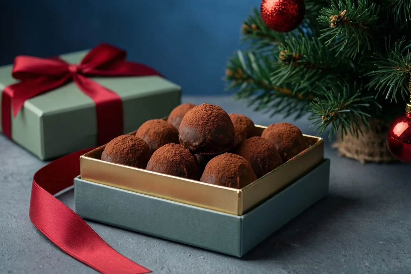 Een open doos chocoladetruffels met cacao staat naast een ingepakt cadeau met een rood lint en een versierde kersttak op een grijs oppervlak tegen een donkerblauwe achtergrond.