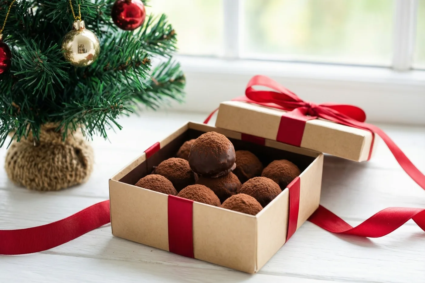 Een geschenkdoos vol chocoladetruffels met cacao staat op een wit houten oppervlak naast een klein versierd kerstboompje in het licht van een raam.