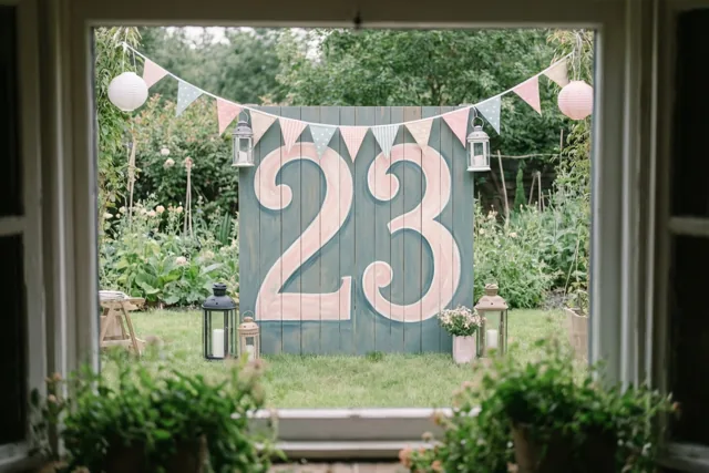 Door een raam is een tuin te zien met een groot houten bord met 23, pastelkleurige vlaggetjes en papieren lantaarns tussen het groen.