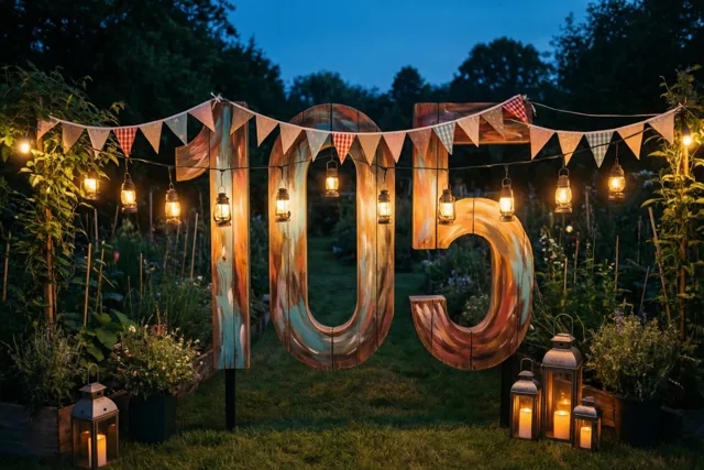 Een groot beschilderd houten bord met het getal 105 staat bij schemering in een groene tuin met hangende lampions, lichtslingers en vlaggetjes.