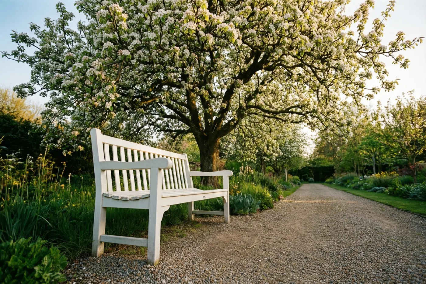 Een witte tuinbank staat naast een grindpad onder een grote bloeiende perenboom in een weelderige groene tuin met zacht zonlicht.