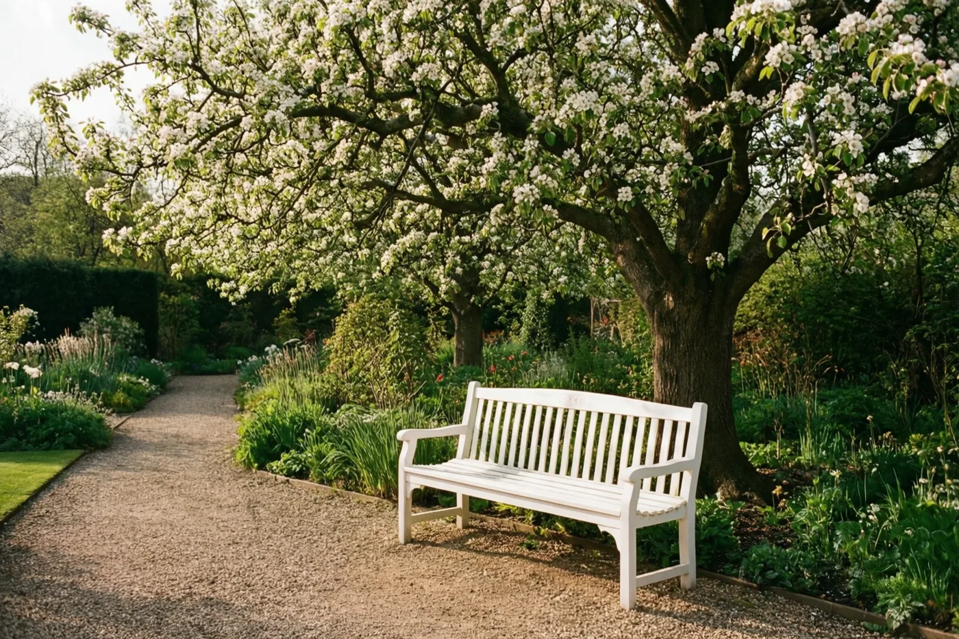 Een witte tuinbank staat op een grindpad onder een grote perenboom met witte bloesems, omringd door groen.