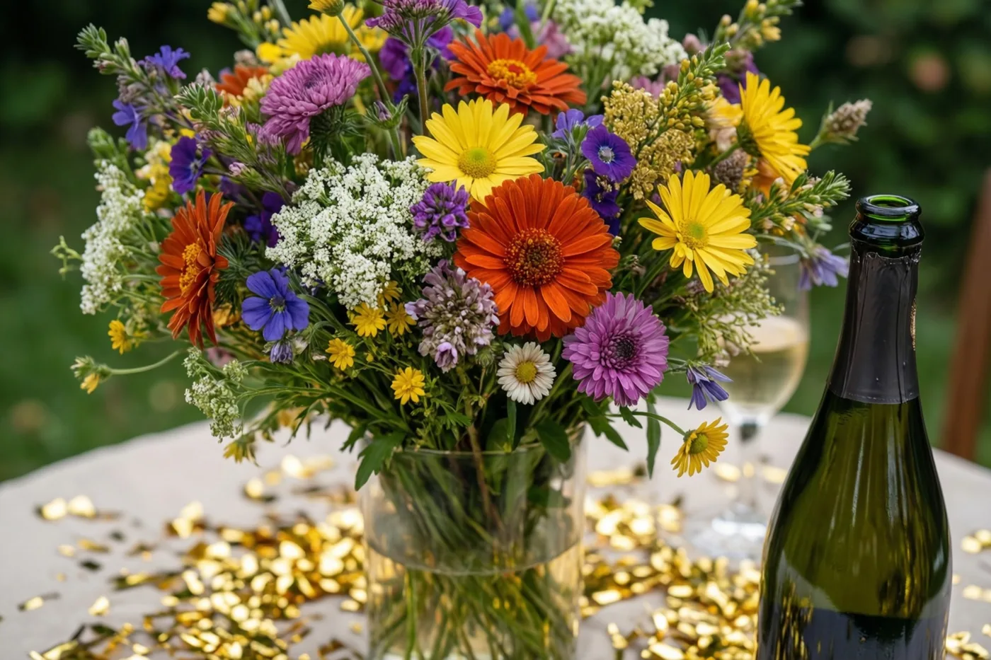 Een kleurrijk boeket tuinbloemen staat in een doorzichtige vaas op een tafel met gouden confetti naast een open fles schuimwijn, met onscherp groen op de achtergrond.