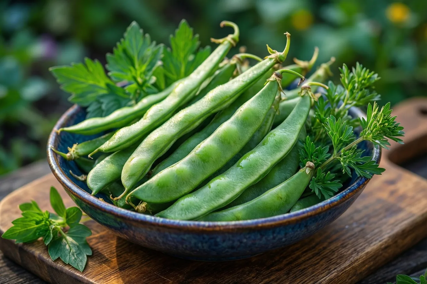 Een donkerblauwe keramieken kom met groene tuinboonpeulen en peterselie staat op een houten snijplank, met een onscherpe groene tuin op de achtergrond.