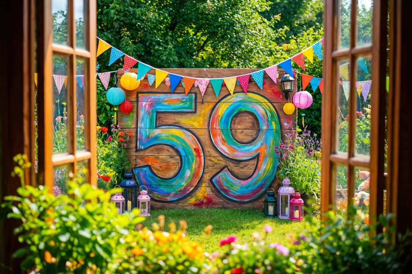 Door een raam met houten omlijsting is een zonnige tuin te zien met een groot houten bord met 59, kleurrijke vlaggetjes en lantaarns.