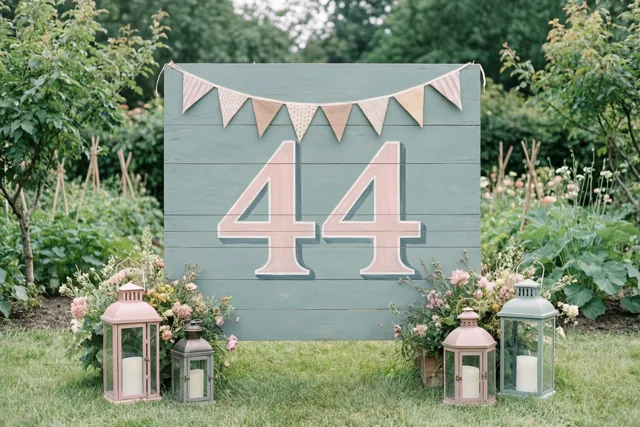 Een groot houten bord met 44 staat op het gras in een tuin, met vlaggetjes erboven en bloemstukken en lantaarns eromheen.