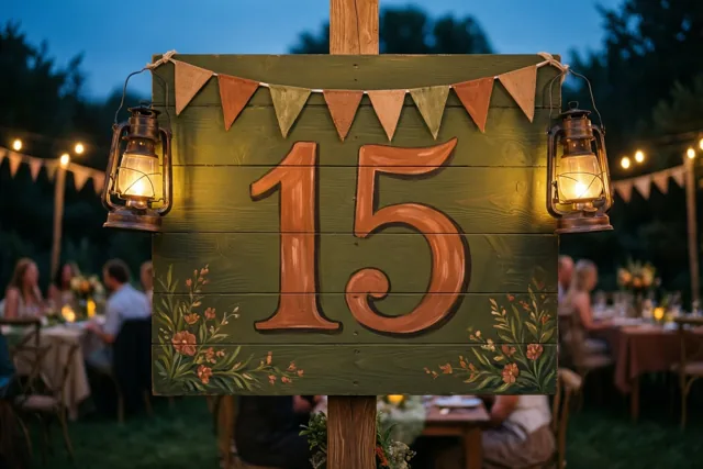 Een groot houten bord met het getal 15 staat bij schemering tussen vlaggetjes en lantaarns in een tuin, met gasten aan tafels op de achtergrond.