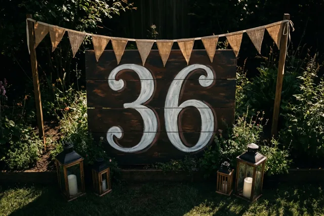 Een groot houten bord met een witte 36 staat in een zonnige groene tuin tussen juten vlaggetjes en decoratieve lantaarns.