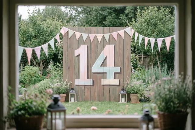Door een raam is een groene tuin te zien met een groot houten bord met 14, pastelvlaggetjes en lantaarns.