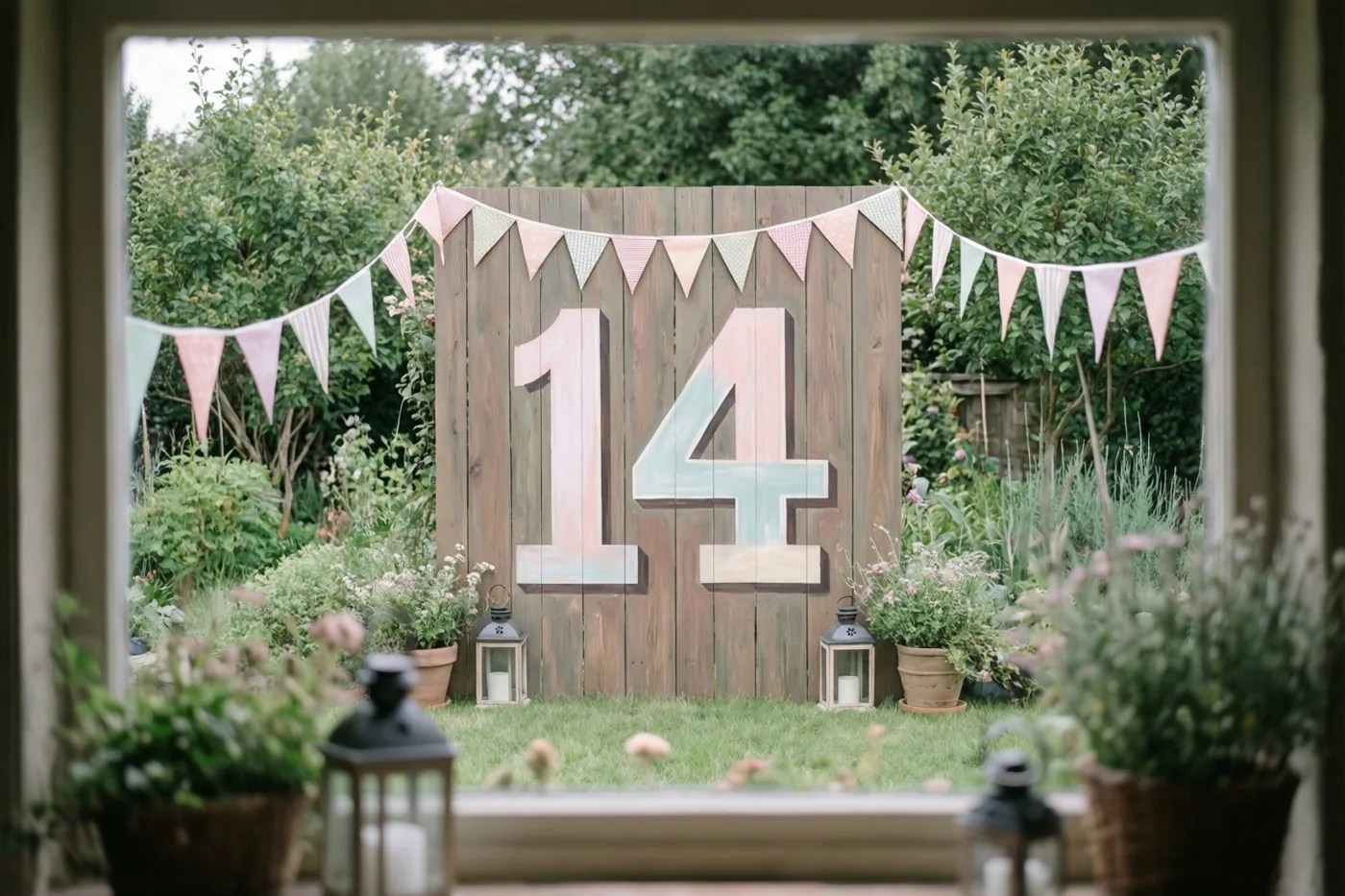 Door een raam is een groene tuin te zien met een groot houten bord met 14, pastelvlaggetjes en lantaarns.