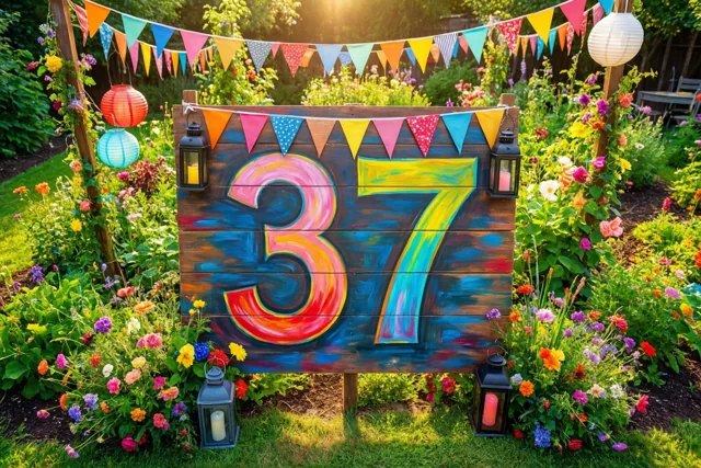 Een houten bord met het getal 37 staat in een zonnige tuin tussen kleurrijke bloemen, vlaggetjes en lantaarns.