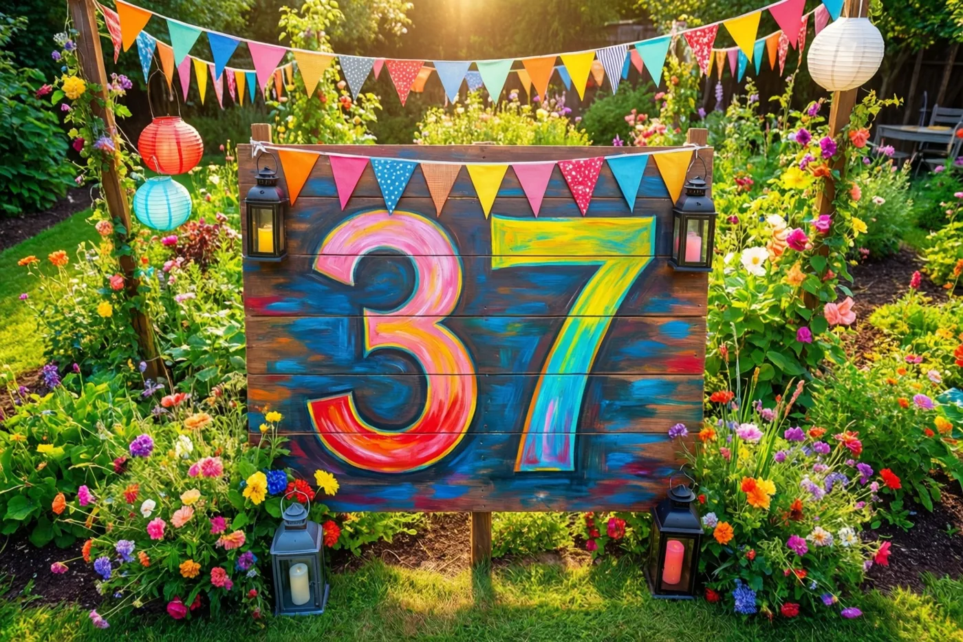 Een houten bord met het getal 37 staat in een zonnige tuin tussen kleurrijke bloemen, vlaggetjes en lantaarns.