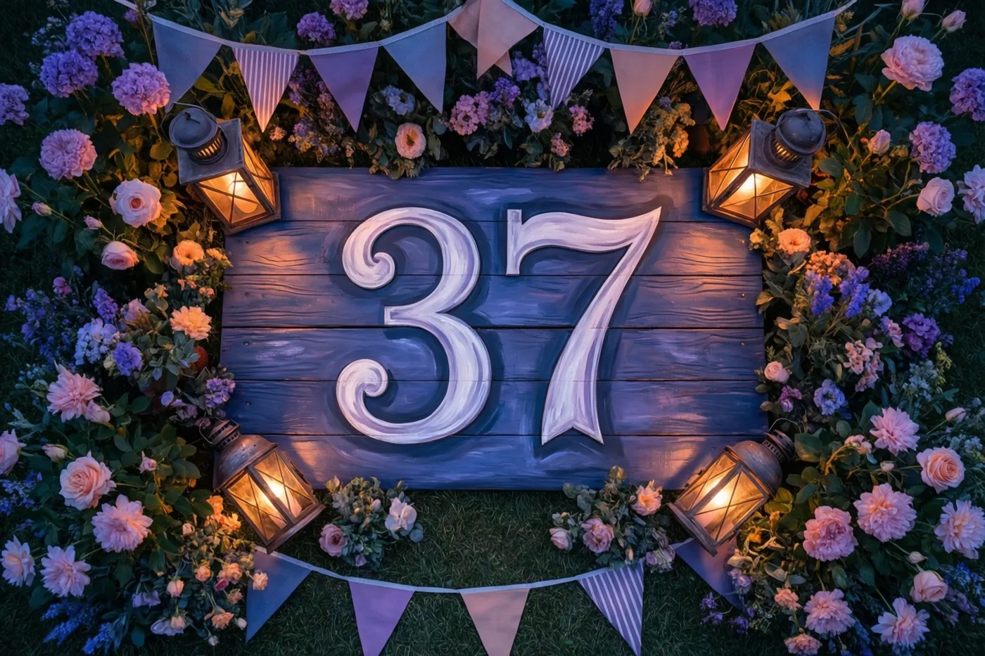 Een houten bord met 37 in witte verf staat tussen bloemen, vlaggetjes en brandende lantaarns in een warm verlichte tuin.