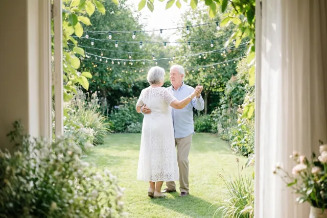 Door een deuropening met gordijnen en groen is een ouder koppel van achteren te zien, dansend onder lichtslingers in een zonnige tuin.