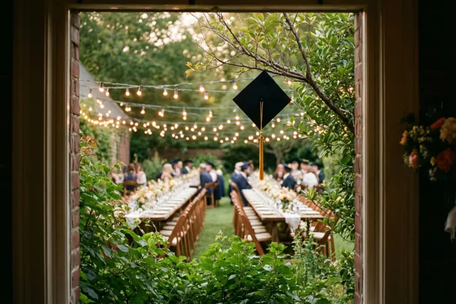 Door een deuropening zijn lange feesttafels in een tuin te zien, met lichtslingers en een afstudeerhoed aan een boomtak tussen groen in warm licht.