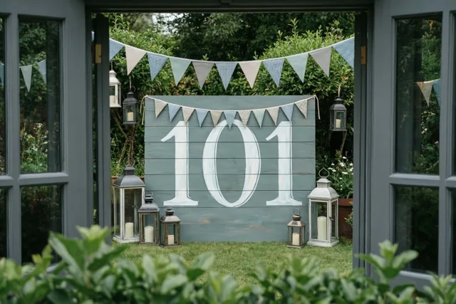 Door een open deur zie je een tuin met gras, struiken, vlaggetjes, lantaarns en een groot houten bord met 101 in het wit.